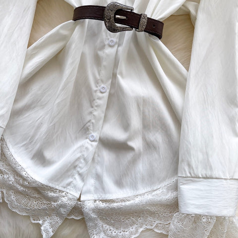 Lace Patchwork White Shirt with Belt