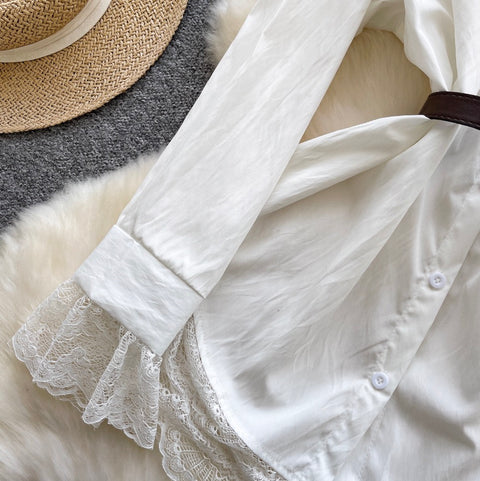 Lace Patchwork White Shirt with Belt