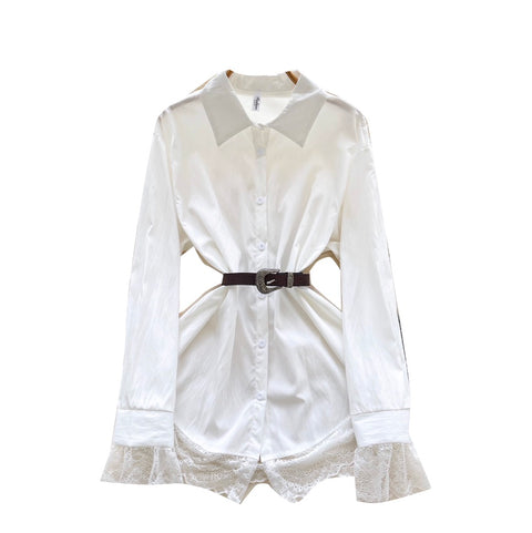 Lace Patchwork White Shirt with Belt