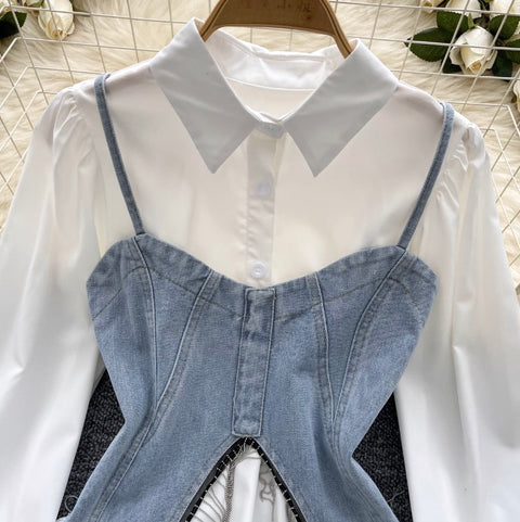 Denim Camisole & White Shirt 2Pcs