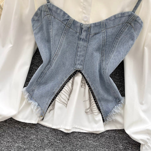 Denim Camisole & White Shirt 2Pcs