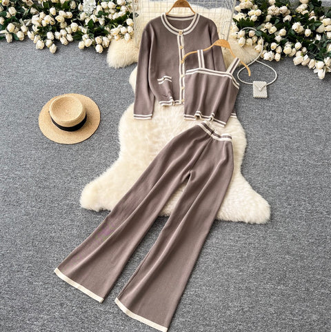 Cardigan & Camisole & Trousers Striped Knit 3Pcs