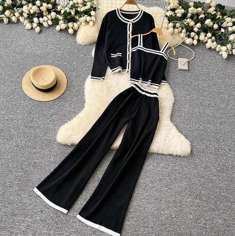 Cardigan & Camisole & Trousers Striped Knit 3Pcs