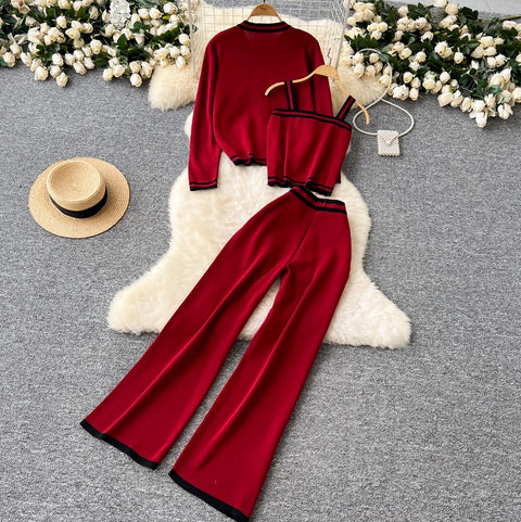 Cardigan & Camisole & Trousers Striped Knit 3Pcs