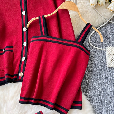 Cardigan & Camisole & Trousers Striped Knit 3Pcs