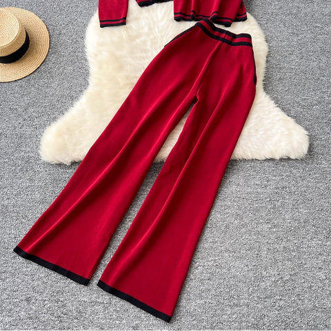 Cardigan & Camisole & Trousers Striped Knit 3Pcs