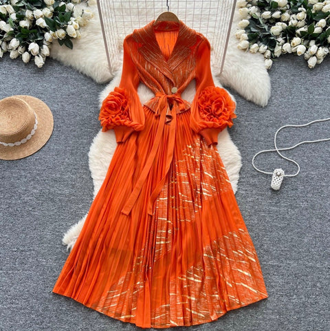 Flared Sleeve 3D Floral Pleated Dress