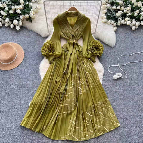 Flared Sleeve 3D Floral Pleated Dress