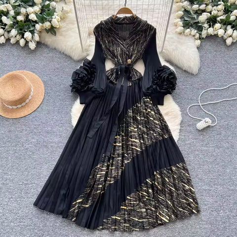 Flared Sleeve 3D Floral Pleated Dress