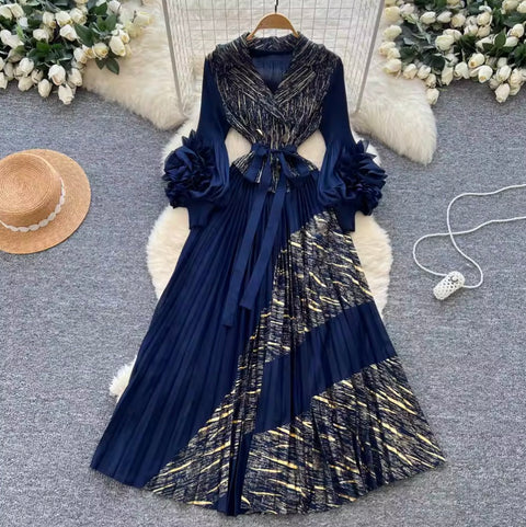 Flared Sleeve 3D Floral Pleated Dress
