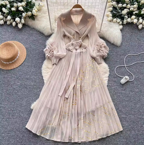 Flared Sleeve 3D Floral Pleated Dress