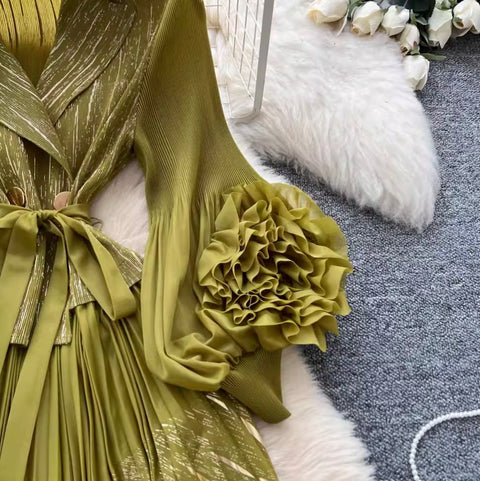 Flared Sleeve 3D Floral Pleated Dress