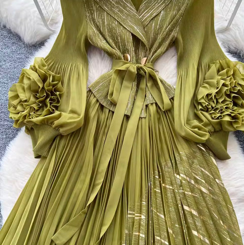 Flared Sleeve 3D Floral Pleated Dress