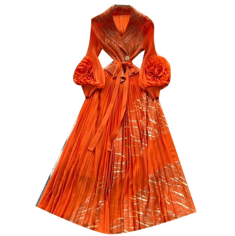 Flared Sleeve 3D Floral Pleated Dress