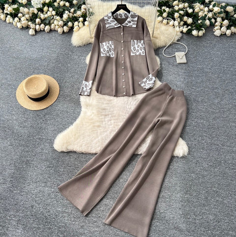 Print Cardigan & Trousers Knitted 2Pcs