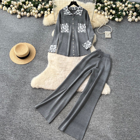 Print Cardigan & Trousers Knitted 2Pcs