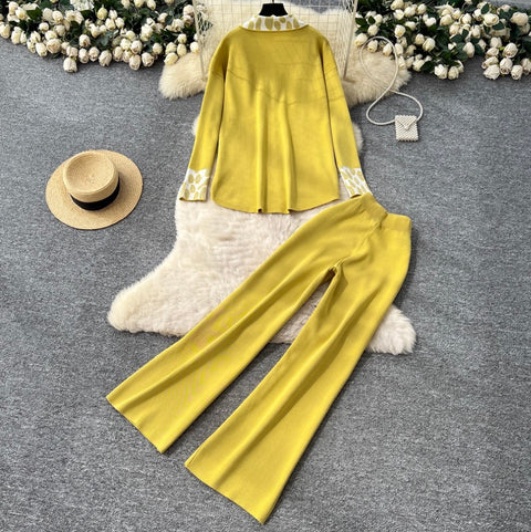 Print Cardigan & Trousers Knitted 2Pcs