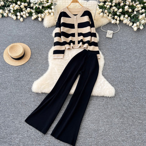 Casual Striped Cardigan & Trousers 2Pcs
