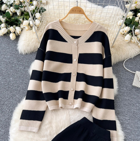 Casual Striped Cardigan & Trousers 2Pcs