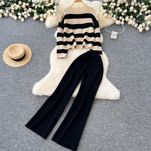 Casual Striped Cardigan & Trousers 2Pcs