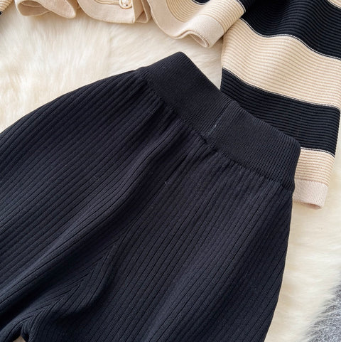 Casual Striped Cardigan & Trousers 2Pcs