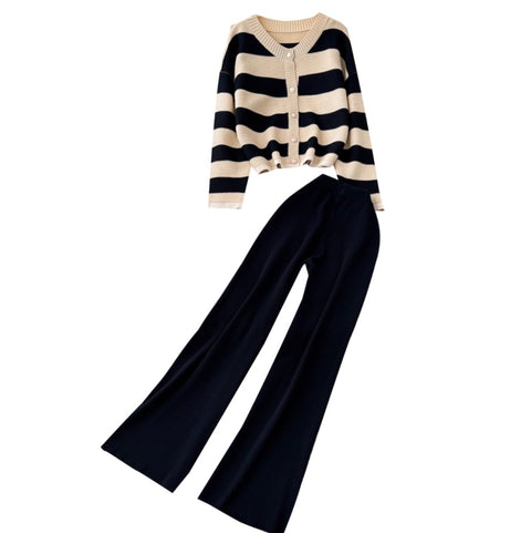 Casual Striped Cardigan & Trousers 2Pcs