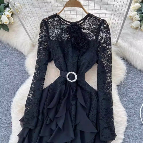 High-end Ruffled Lace Patchwork Dress