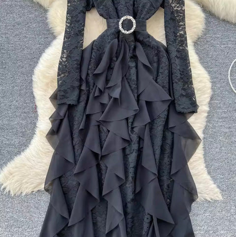 High-end Ruffled Lace Patchwork Dress