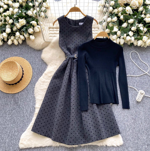 Polka Dot Vest Dress & Sweater 2Pcs