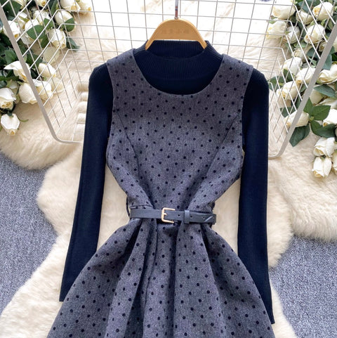 Polka Dot Vest Dress & Sweater 2Pcs