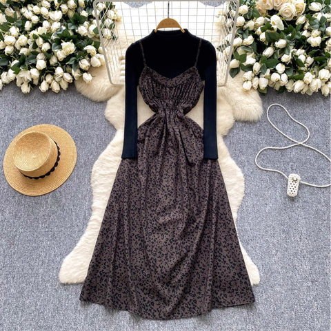 Leopard Print Slip Dress with Sweater 2Pcs