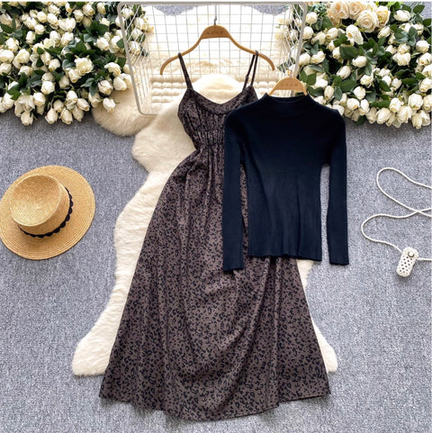Leopard Print Slip Dress with Sweater 2Pcs