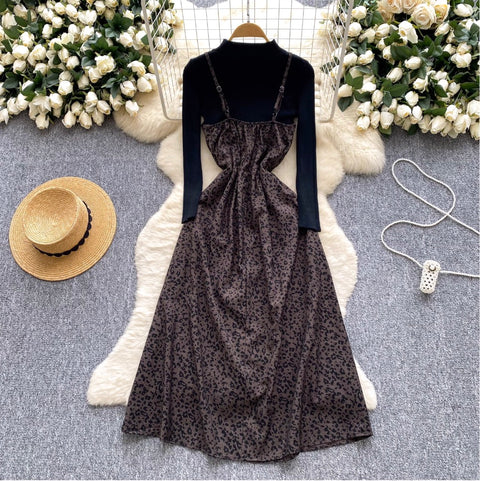 Leopard Print Slip Dress with Sweater 2Pcs