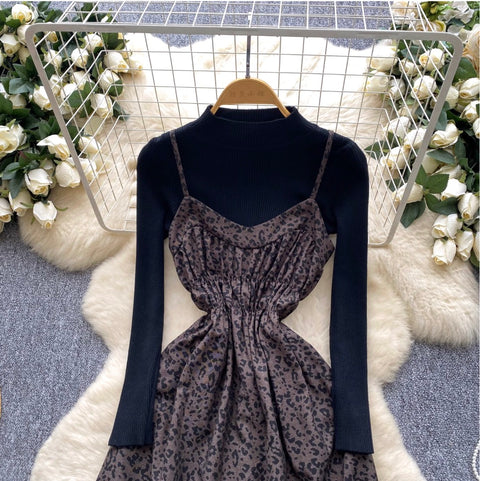 Leopard Print Slip Dress with Sweater 2Pcs