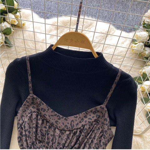 Leopard Print Slip Dress with Sweater 2Pcs