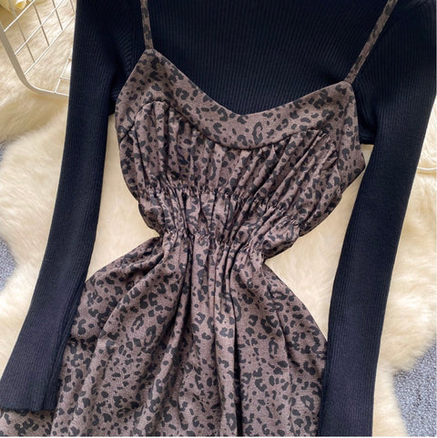 Leopard Print Slip Dress with Sweater 2Pcs