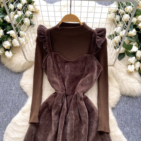 Suede Slip Dress with Sweater 2Pcs