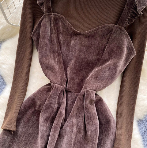 Suede Slip Dress with Sweater 2Pcs