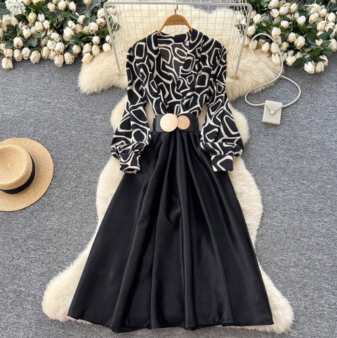 V-neck Print Satin Patchwork Dress