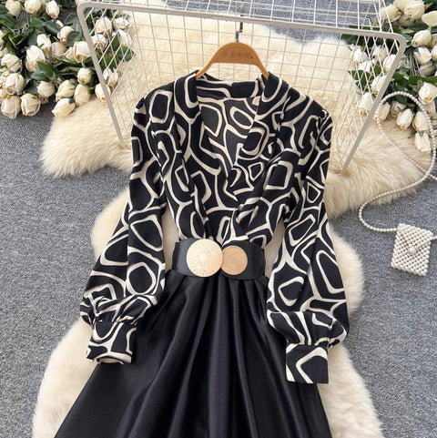 V-neck Print Satin Patchwork Dress