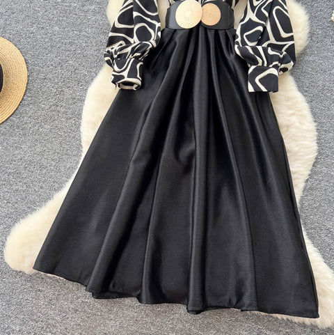 V-neck Print Satin Patchwork Dress