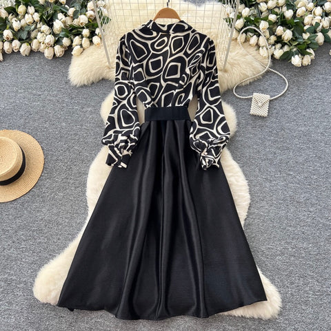 V-neck Print Satin Patchwork Dress