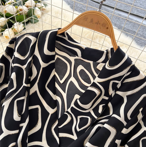 V-neck Print Satin Patchwork Dress