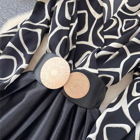 V-neck Print Satin Patchwork Dress