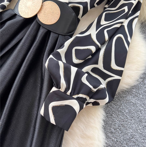 V-neck Print Satin Patchwork Dress