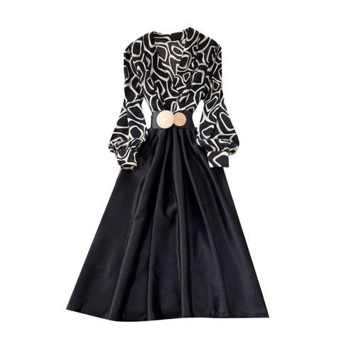 V-neck Print Satin Patchwork Dress