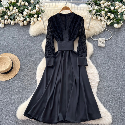 High-end Satin Patchwork Black Dress