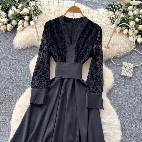 High-end Satin Patchwork Black Dress