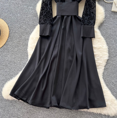 High-end Satin Patchwork Black Dress