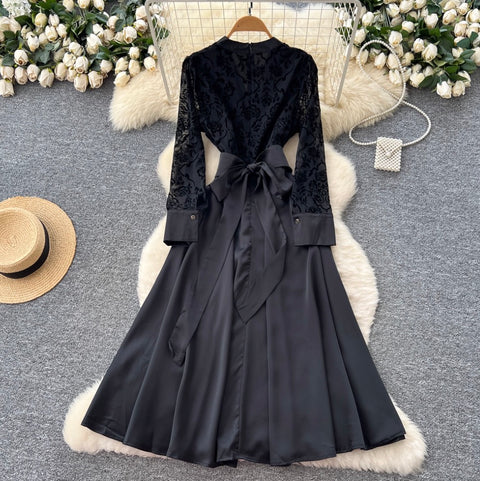 High-end Satin Patchwork Black Dress